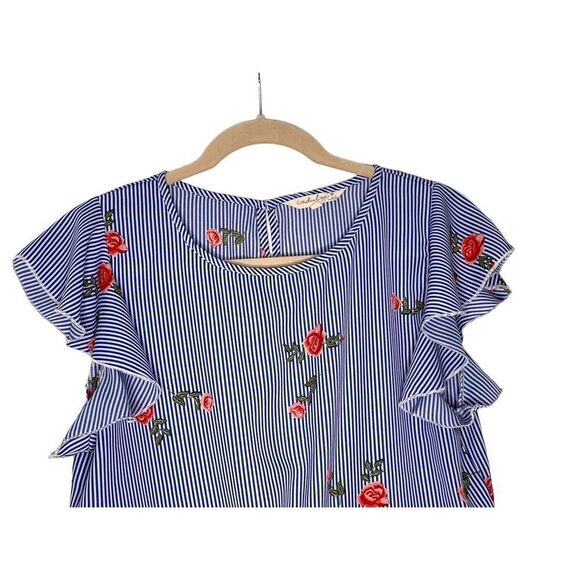 INDULGE | WOMEN’S CROP TIE FRONT BLOUSE TOP PINSTRIPES BLUE WHITE WITH ROSES M - Picture 2 of 7